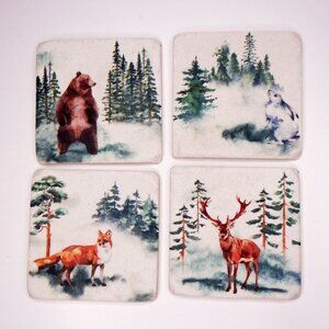 GANZ Set of 4 Square Coasters Woodland Animals Bear Fox Elk Hare Cork Bottom
